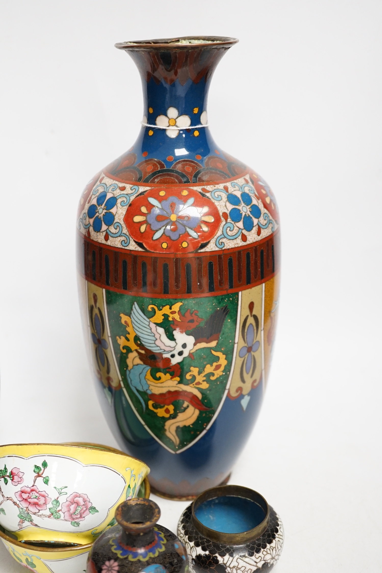 Four Japanese cloisonné enamel vases and a similar bowl and two Canton enamel bowls and similar box and cover, tallest 30cm high